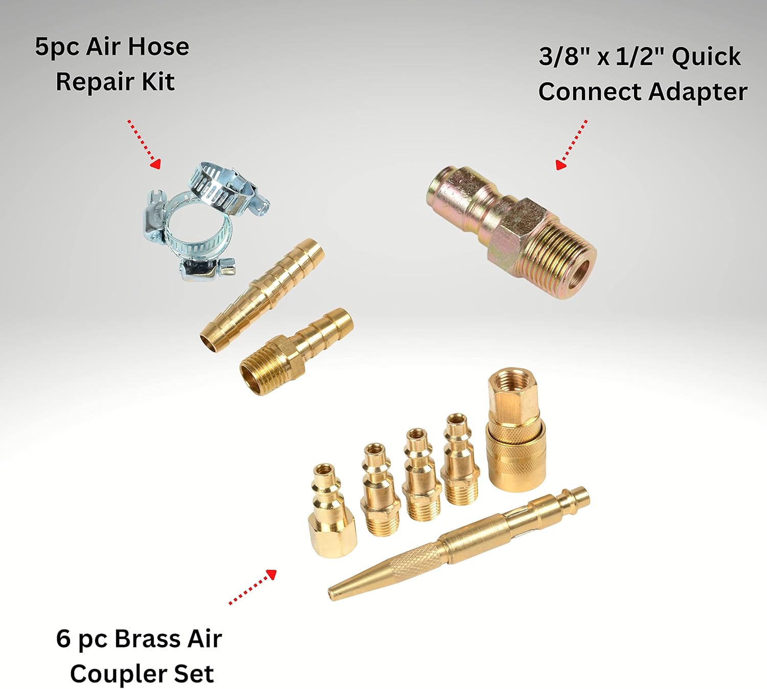 ATE Pro. USA- 19pc Air Tool & Accessory Combo Kit, 50' x 3/8" Air Hose, Air Chuck w/Digital Tire Gauge, Brass Air Coupler Set, Air Hose Repair Kit, Air Blow Gun Kit, 3/8" x 1/2" Quick connect Adapter