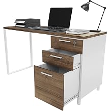 Modern Design Milano Office Desk with 3 Locking Drawers, 48 Inch White and Walnut Industrial Wood Desk with Filing Drawer and Storage, by Crafts and Comfort