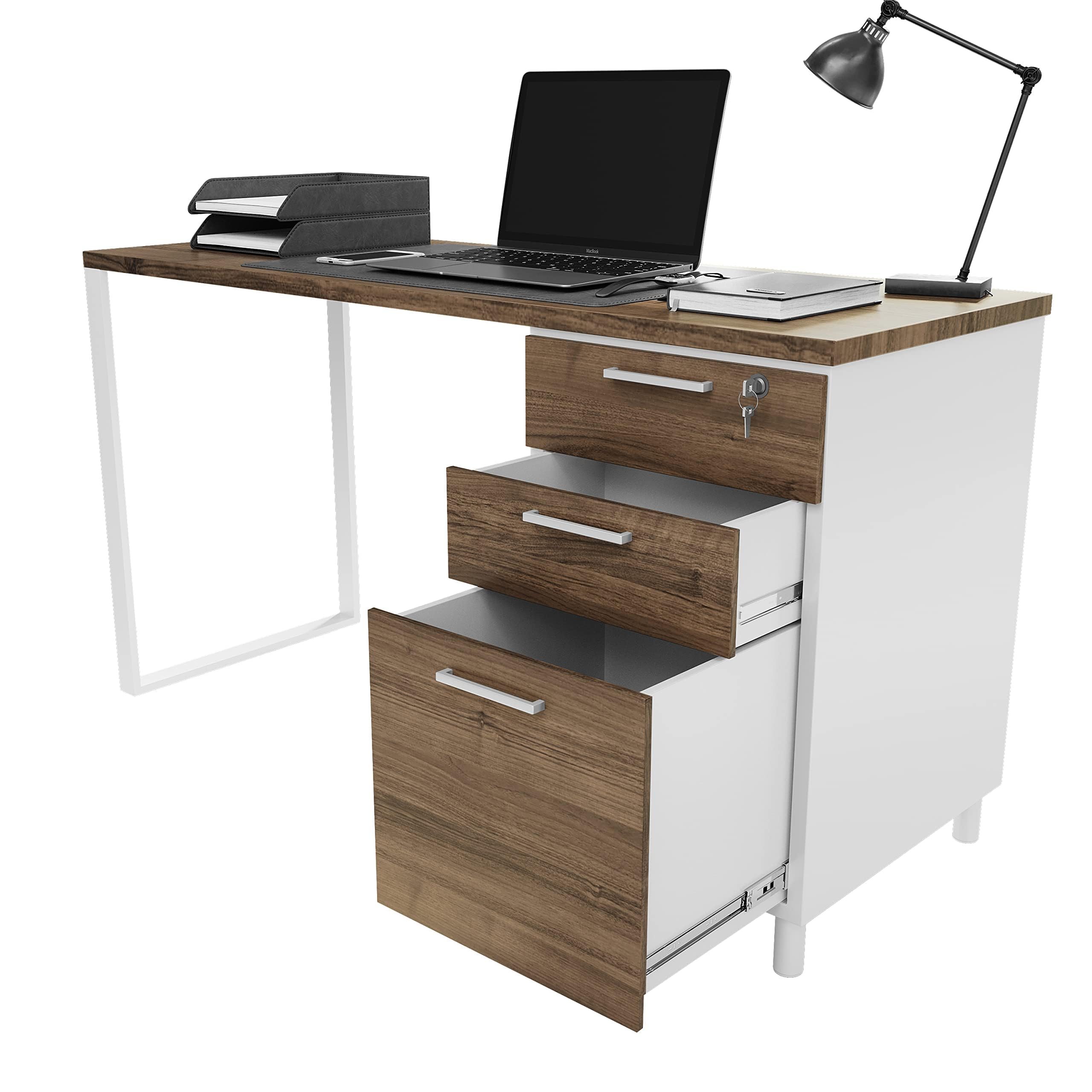 Modern Design Milano Office Desk with 3 Locking Drawers, 48 Inch White and Walnut Industrial Wood Desk with Filing Drawer and Storage, by Crafts and