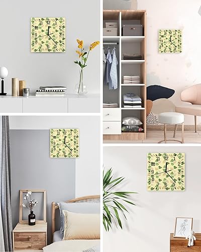 Miniatura 4 de Green Botanical Wooden Wall Clock Silent Non Ticking, Hand Drawn Leaves Square Wall Clock Battery Operated, Decor Clock for Home Office, Living