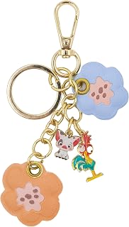 Disney Moana Keychain for Kids | Metal Enamel Hei Hei & Pua Charms with Coral & Blue Flower Dangle | Cute Disney Key Ring, Bag Charm, Backpack Clip or Travel Key Chain | Gift for Girls | Ages 3+