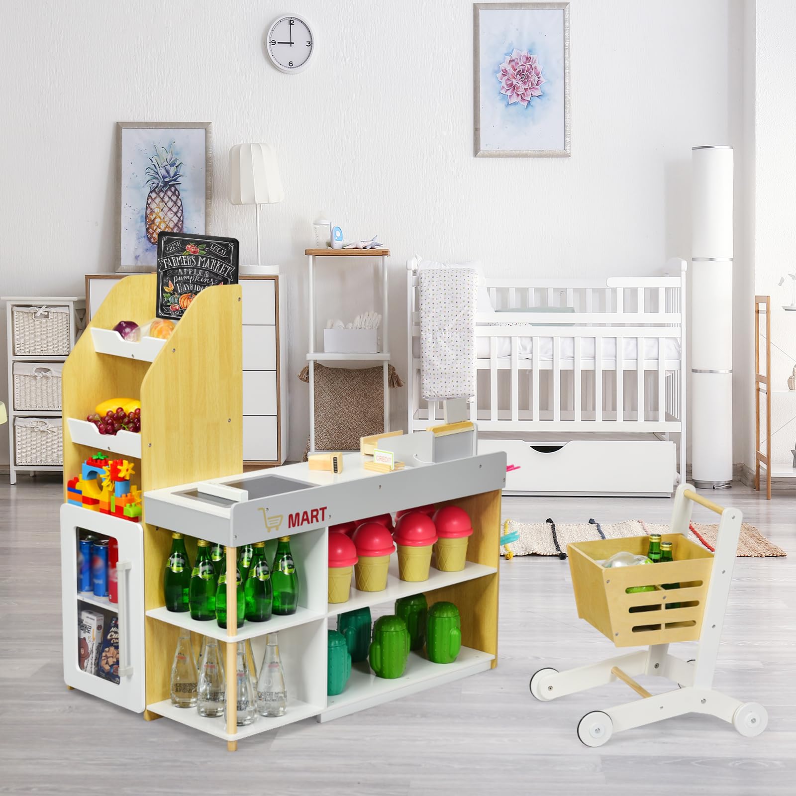 HOMASIS Supermarkt mit Einkaufswagen, Kaufladen mit Kasse, Tafel, Scanner, Kartenzahlung, Kreditkarte & Münzen, Kaufmannsladen Holz, Verkaufsstand Einkaufsladen für Kinder ab 3 Jahren