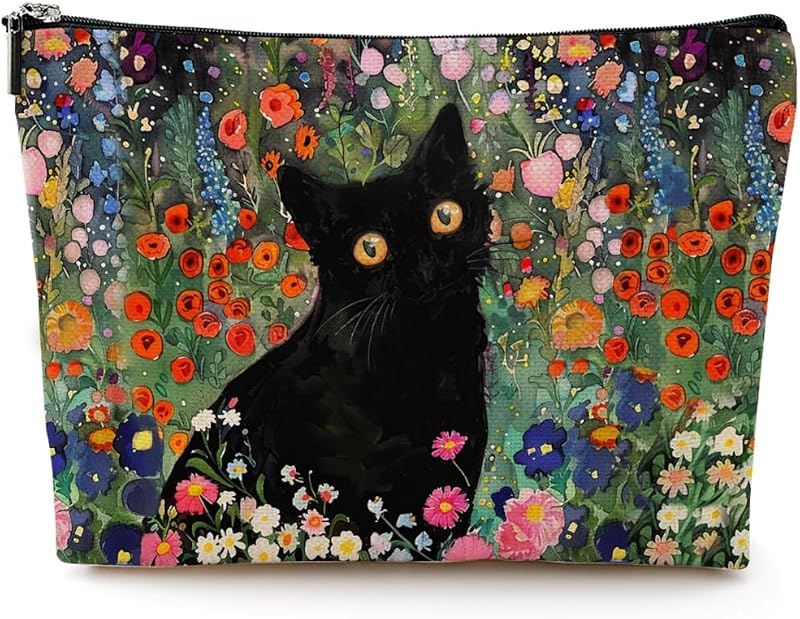 Necessaire de maquiagem CQM com estampa floral e gatos, 1 unidade