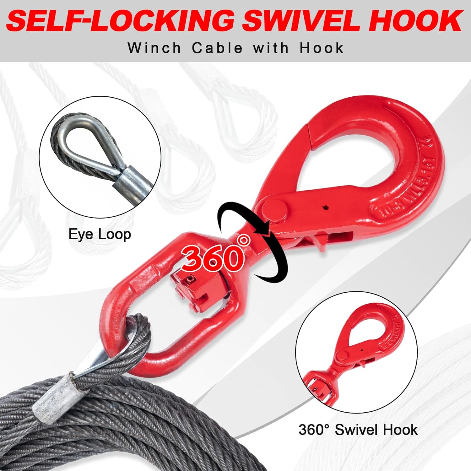 Winch Rope with Safty Hook, 1/2 Inch x 75 Feet Heavy-Duty Tow Cables with Hooks, 6×25 Stranded Steel Core Winch Cable, 24,000 lbs Breaking Strength for Trailers and Cranes