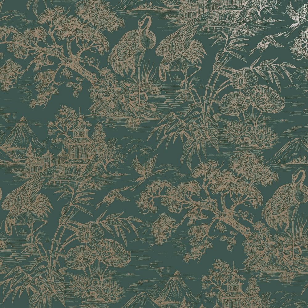 Holden Crane Lagoon Aqua Gold Wallpaper - 53cm Roll - Blue