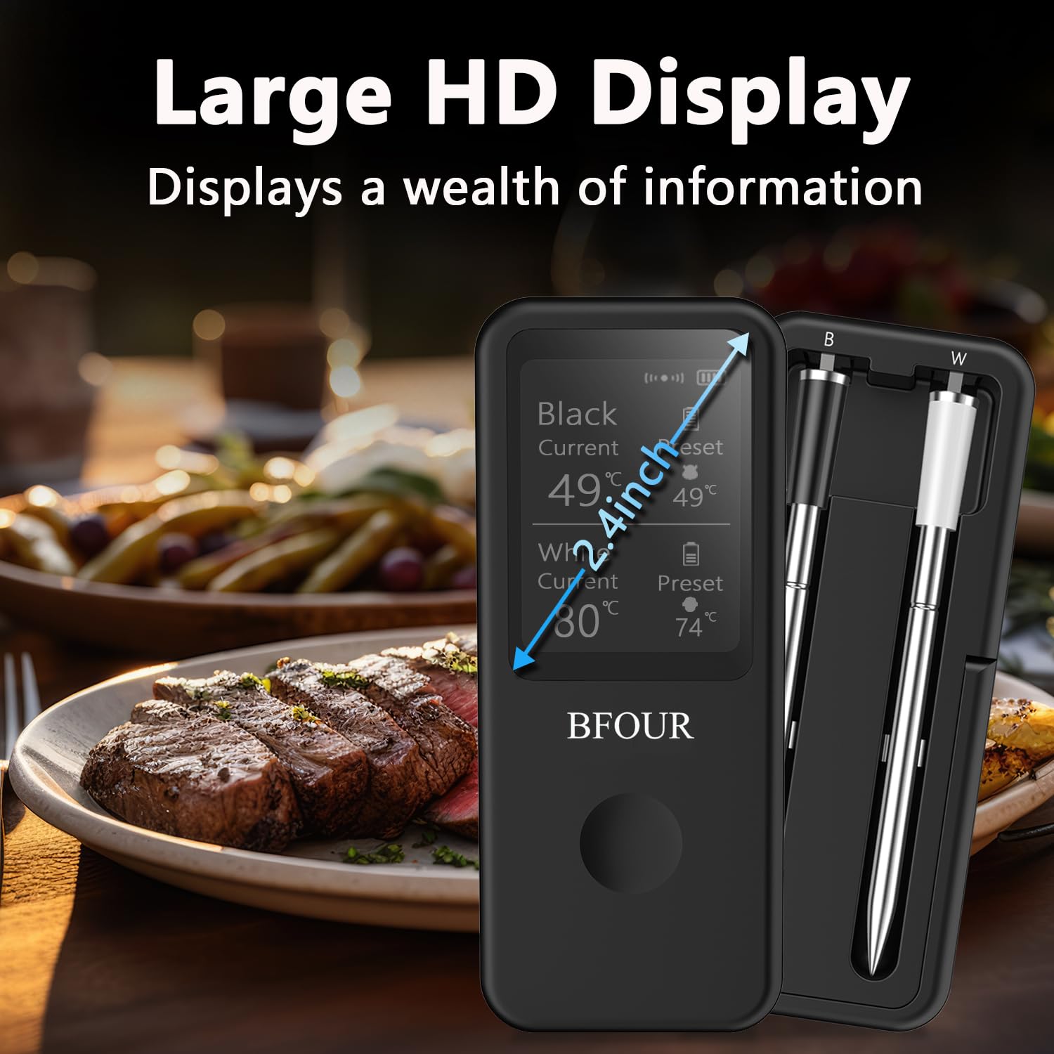 BFOUR Termómetro inalámbrico para carne con 2 sondas, termómetro de asado Bluetooth digital inalámbrico para asar, horno de barbacoa, control de aplicación, precisión ± 0,5 ℃, termómetro impermeable
