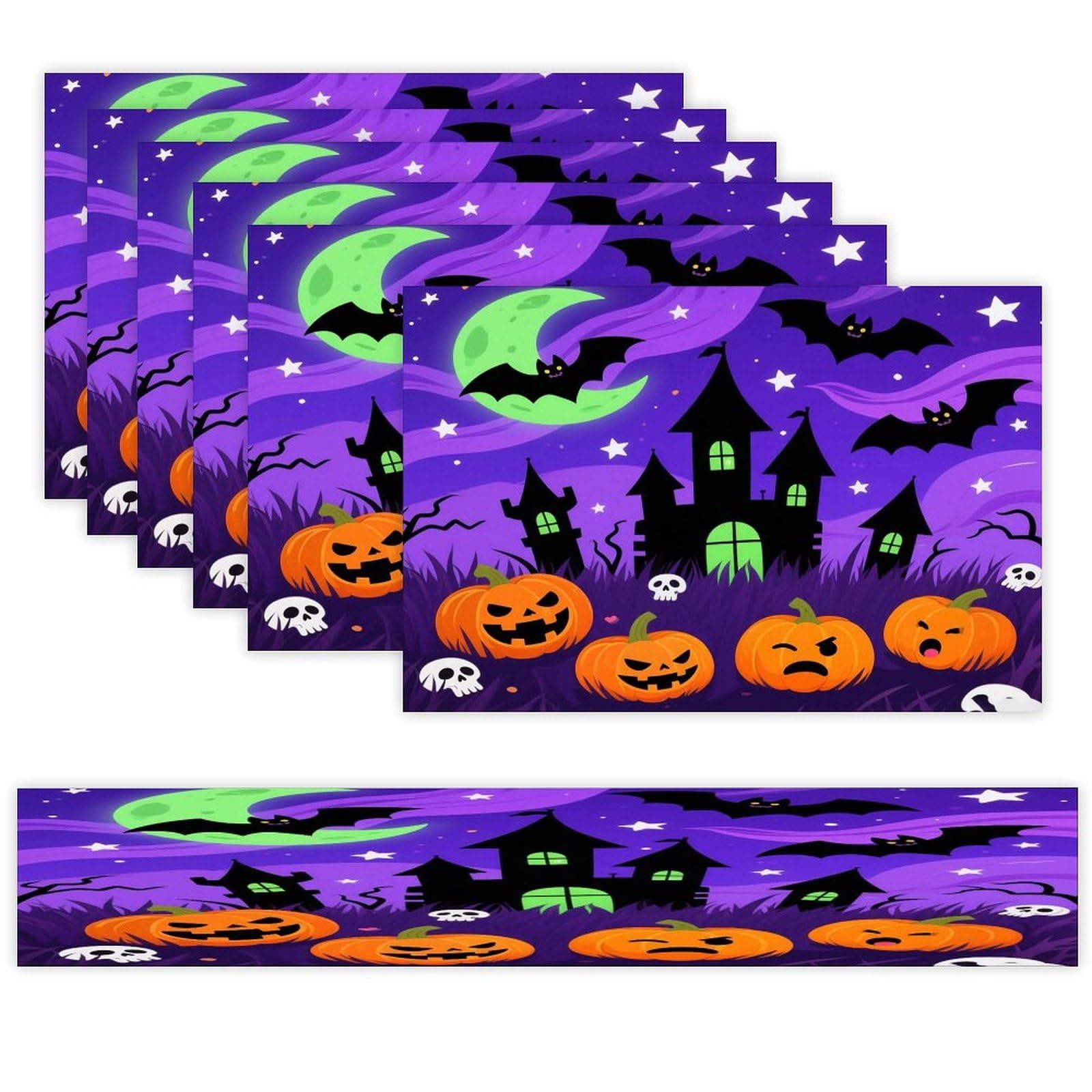 Halloween Purple Night Table Runner and Placemats Set of 7 Linen Table Mat Non-Slip Place Mats Washable Placemat Heat Resistant Place Mat with Table Runner for Party Dining Decor