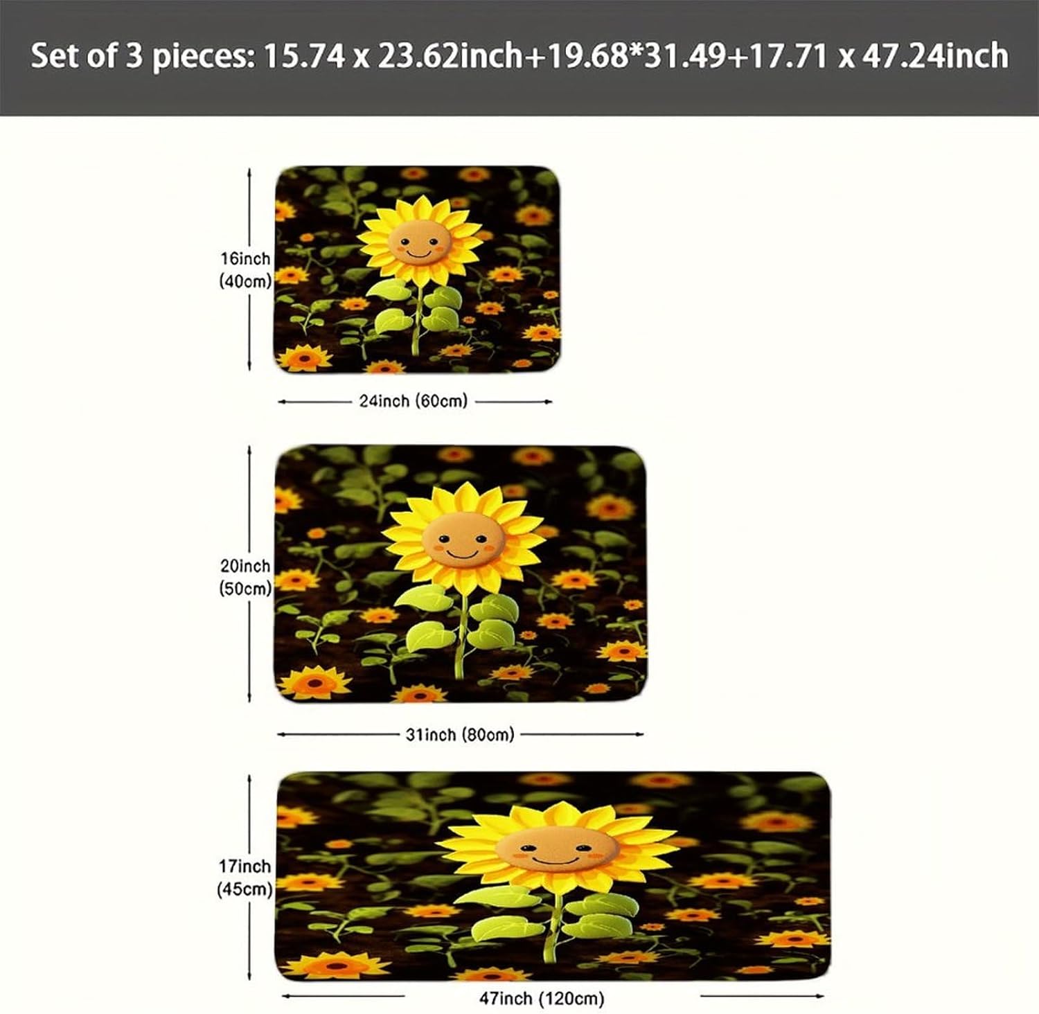 Cute Sunflower Kitchen Rugs Set of 3 Non Slip Washable Kitchen Mats for Floor Soft Area Rug Kitchen Floor Mat Cushioned Anti Fatigue Mats Standing Sink Mat Decor Runner Rugs