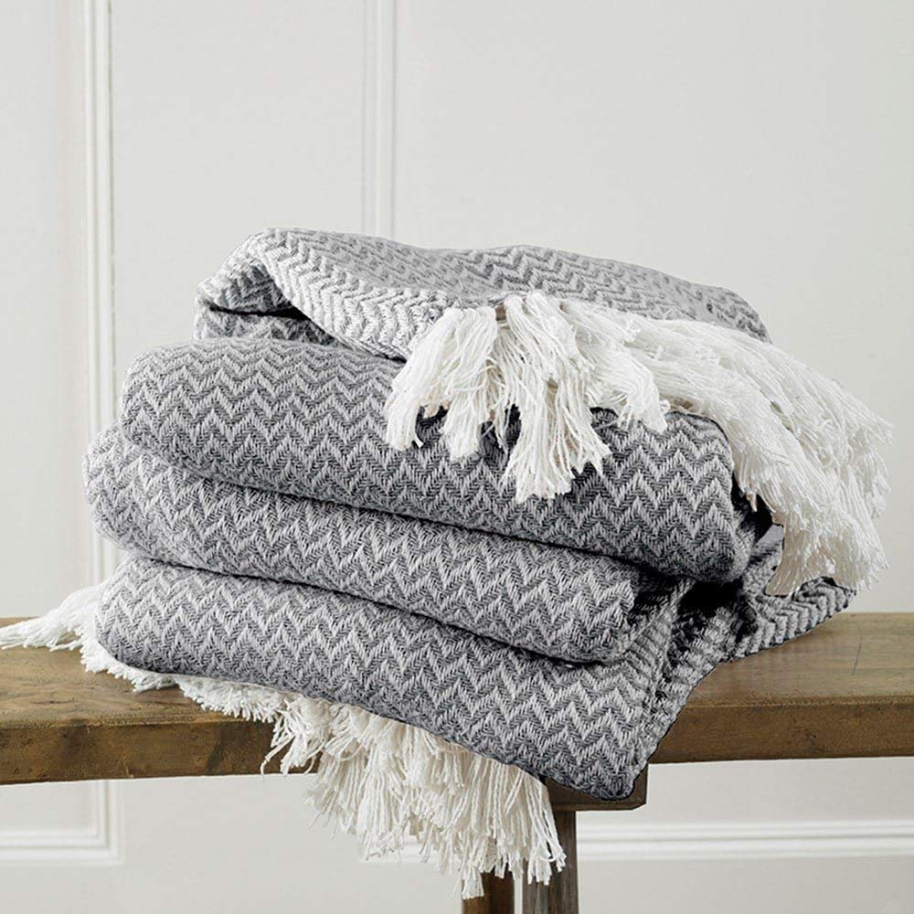 Country Club Charcoal Grey Safi Luxury Chevron Weave Fringed Contemporary Cotton Throw 170Cm X 200Cm (Charcoal)