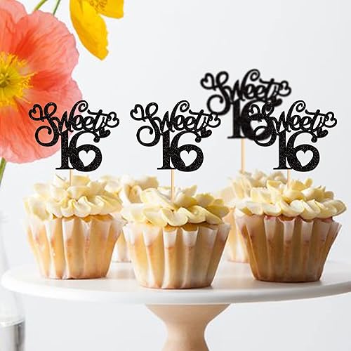 Miniatura 4 de Ercadio Paquete de 24 adornos para magdalenas con 16 adornos azules con purpurina para 16 cupcakes para cumpleaños de 16 años, decoraciones para