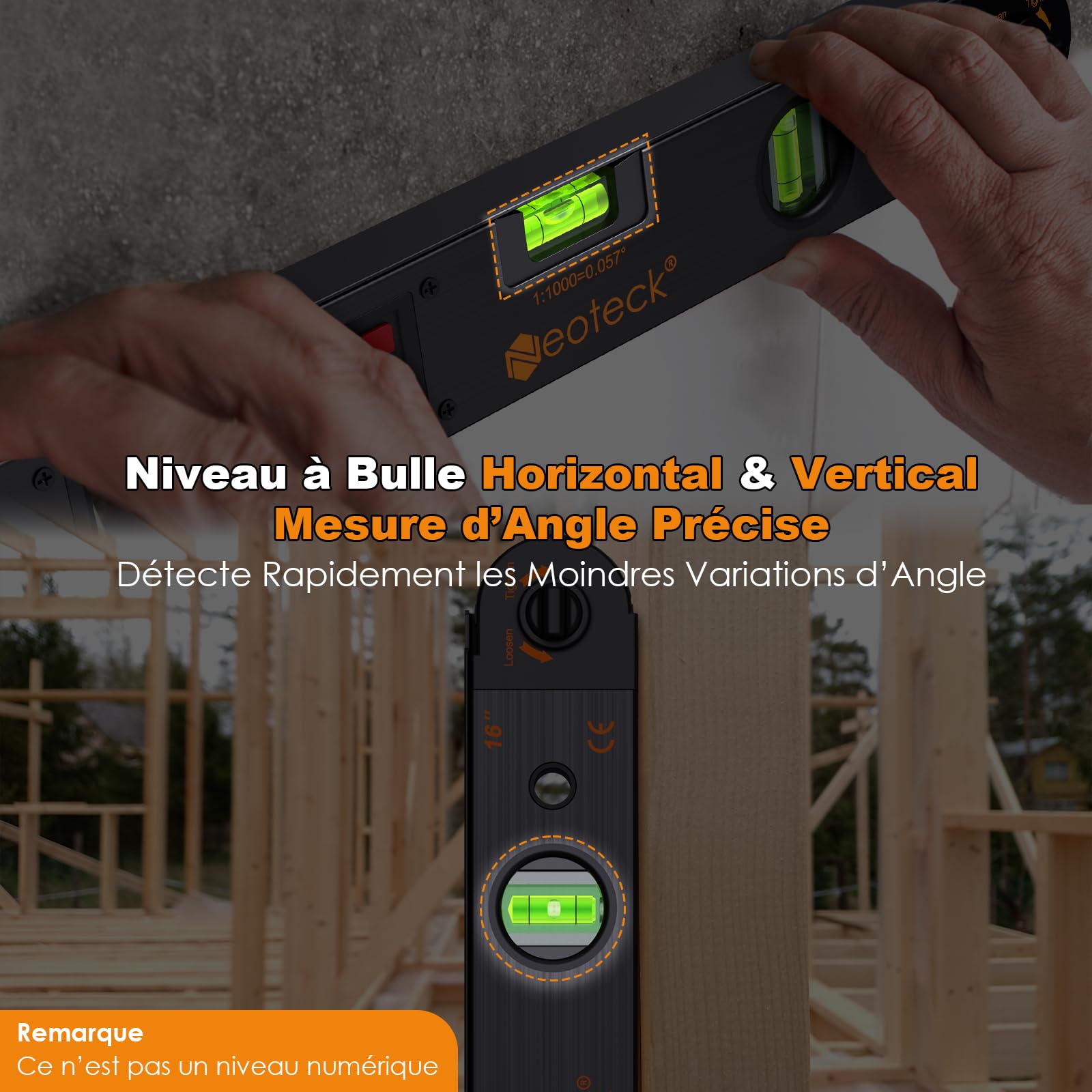 Neoteck 400mm/0~225°Rapporteur d’Angle Numérique – Règle Angle avec Niveau Bulle, Écran LCD Rétroéclairé, Fonction HOLD, Étui et Pile – Outil de Mesure Précis pour Menuiserie, Toiture, Chantier-Noir