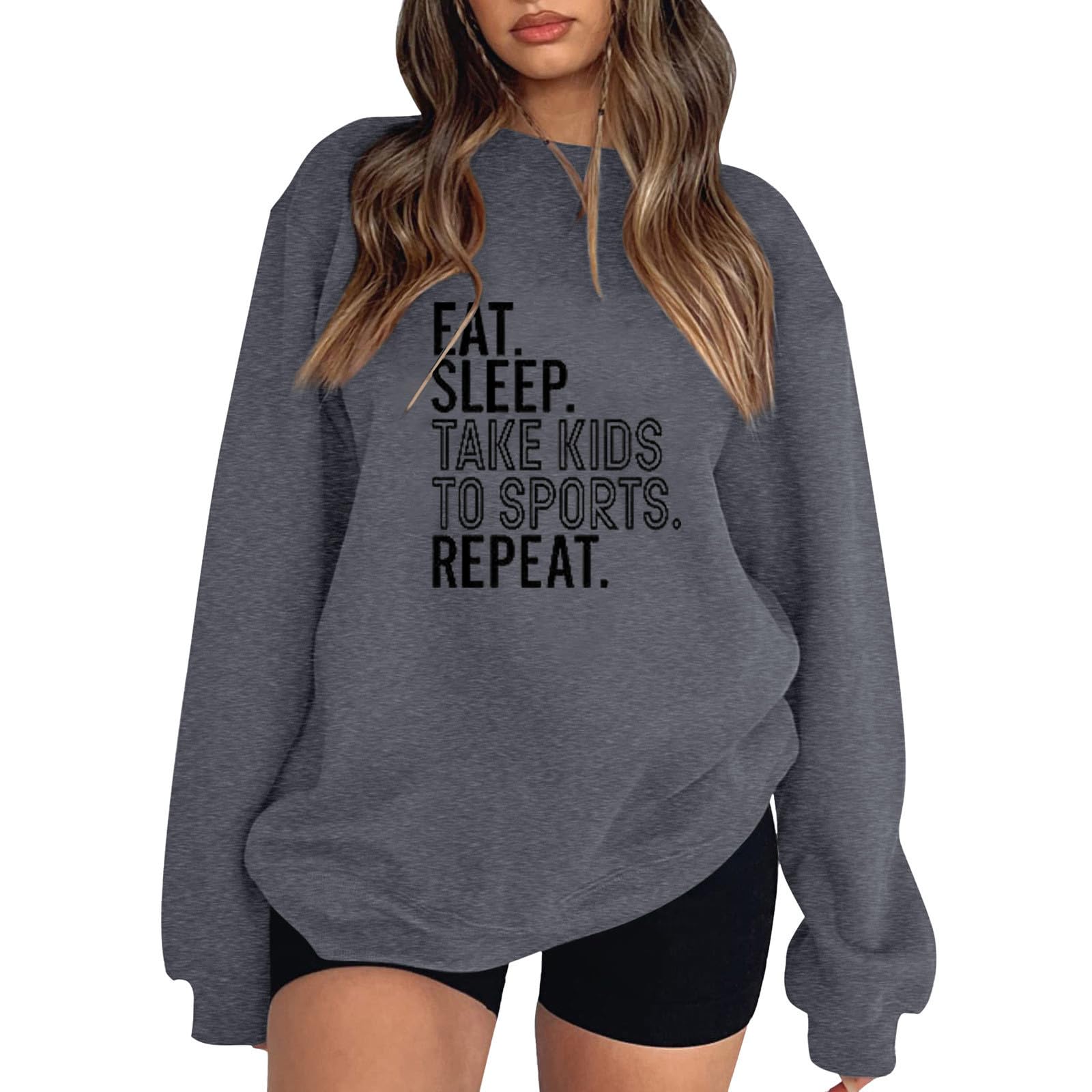 MCILLO Eat Sleep Take Kids To Sports Repeat Sweatshirt for Women Casual Long Sleeve Crew Neck Pullover Graphic Mom Tops