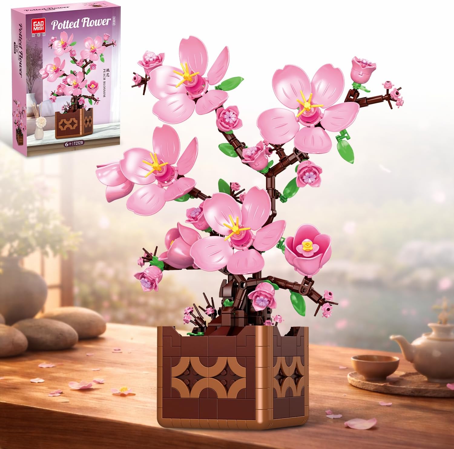 Pink Peach Cherry Blossom Building Block Set and Vase 632 pcs, Compatible with Lego Flowers Bonsai Tree Kit, Plant Botanical Home Decor Gift for Valentines Mother's Day Anniversary Adults Kids Age 6+