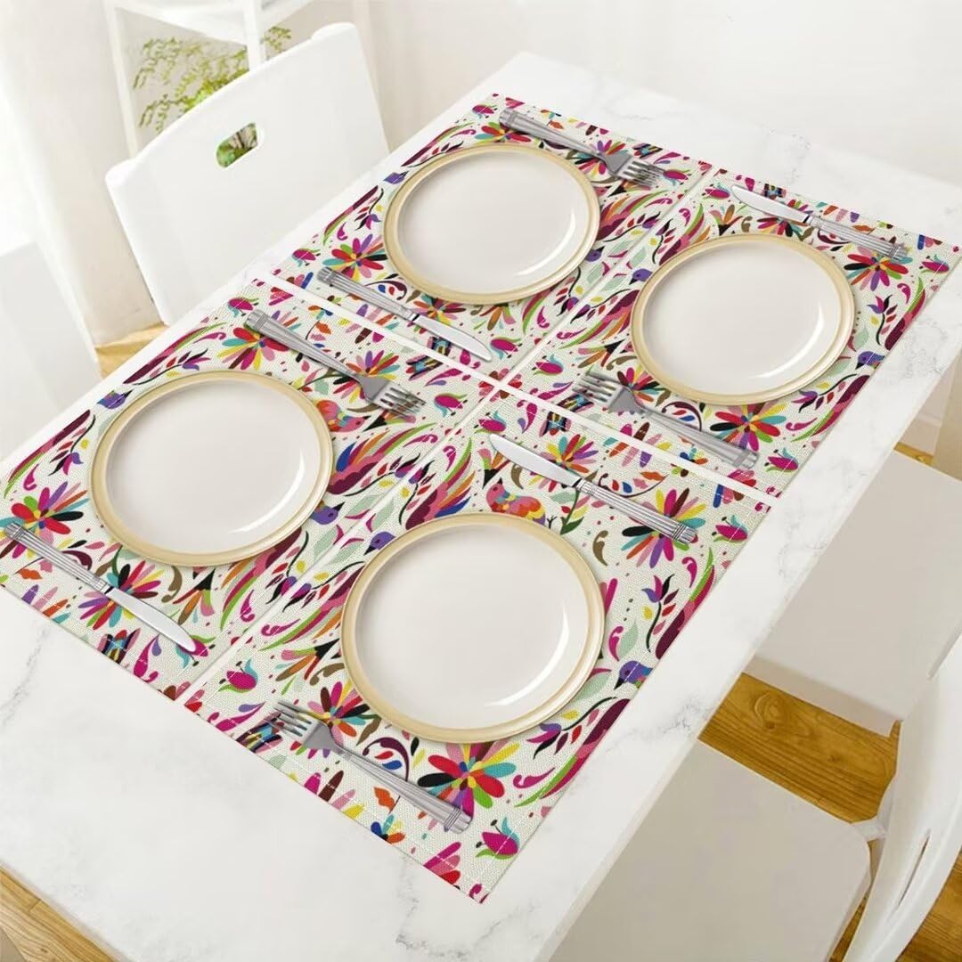 Mexican Placemats for Dining Table, Birds Colorful Flowers Mexican Embroidery Linen Table Place Mat Sets for Indoor Outdoor Party, Set of 6, Heat Resistant Washable Non-Slip (18" L x 12" W)