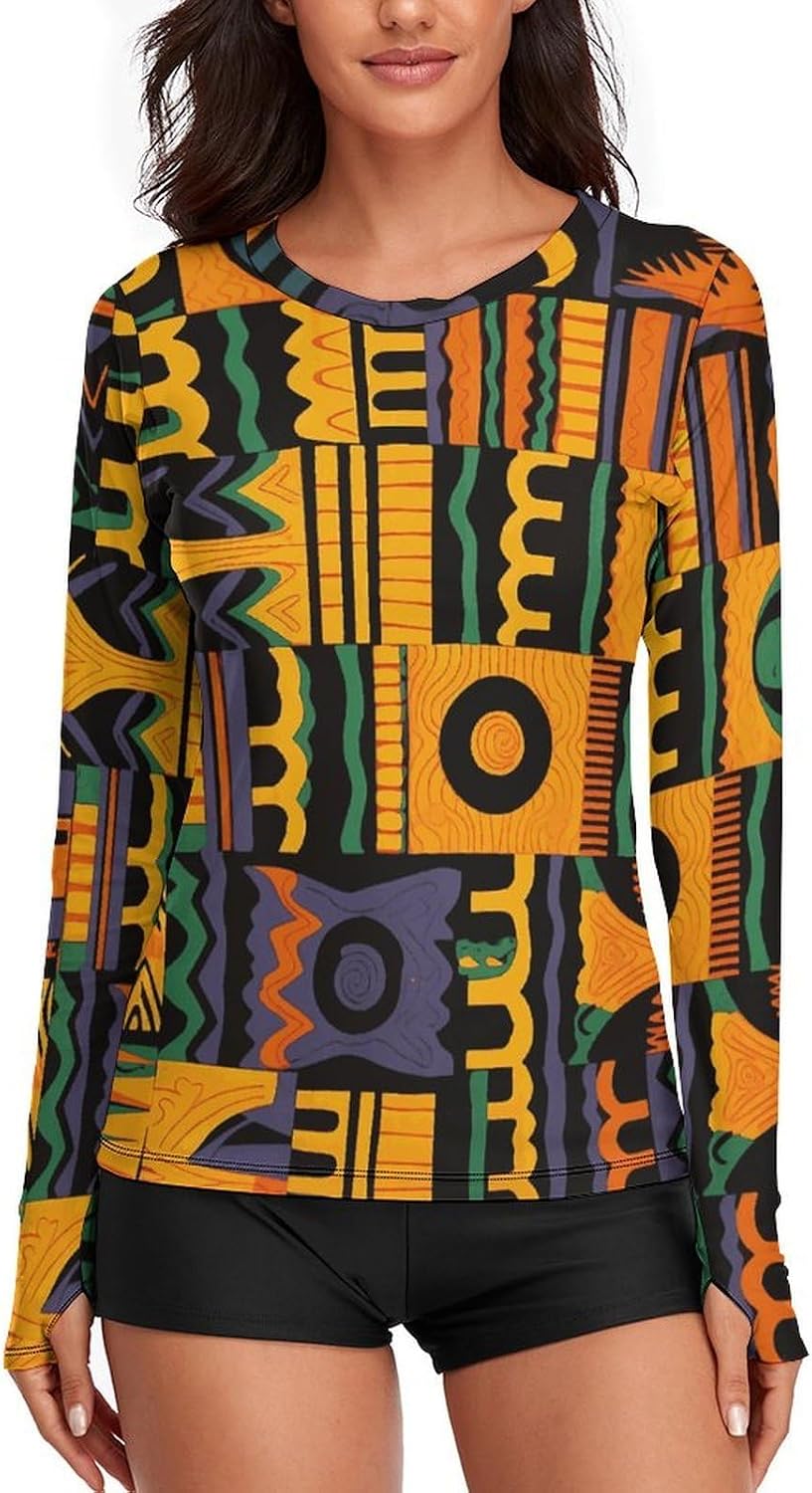 African Ethnic Pattern Rash Guard for Women UPF 50+ UV Sun Protection | Long Sleeve Workout Top Quick Dry Athletic Hiking Shirt Moisture Wicking Swim Shirt for Running, Cycling, Swimming