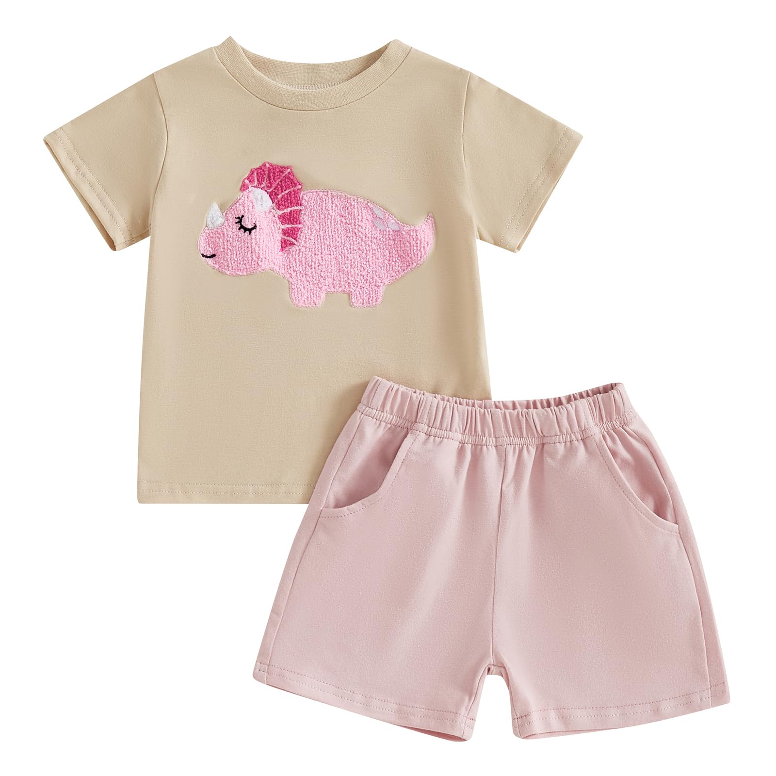 PUHHAPIEY Toddler Baby Girl Summer Clothes Embroidered Letter Graphic Short Sleeve T-Shirt Shirts + Elastic Shorts Set