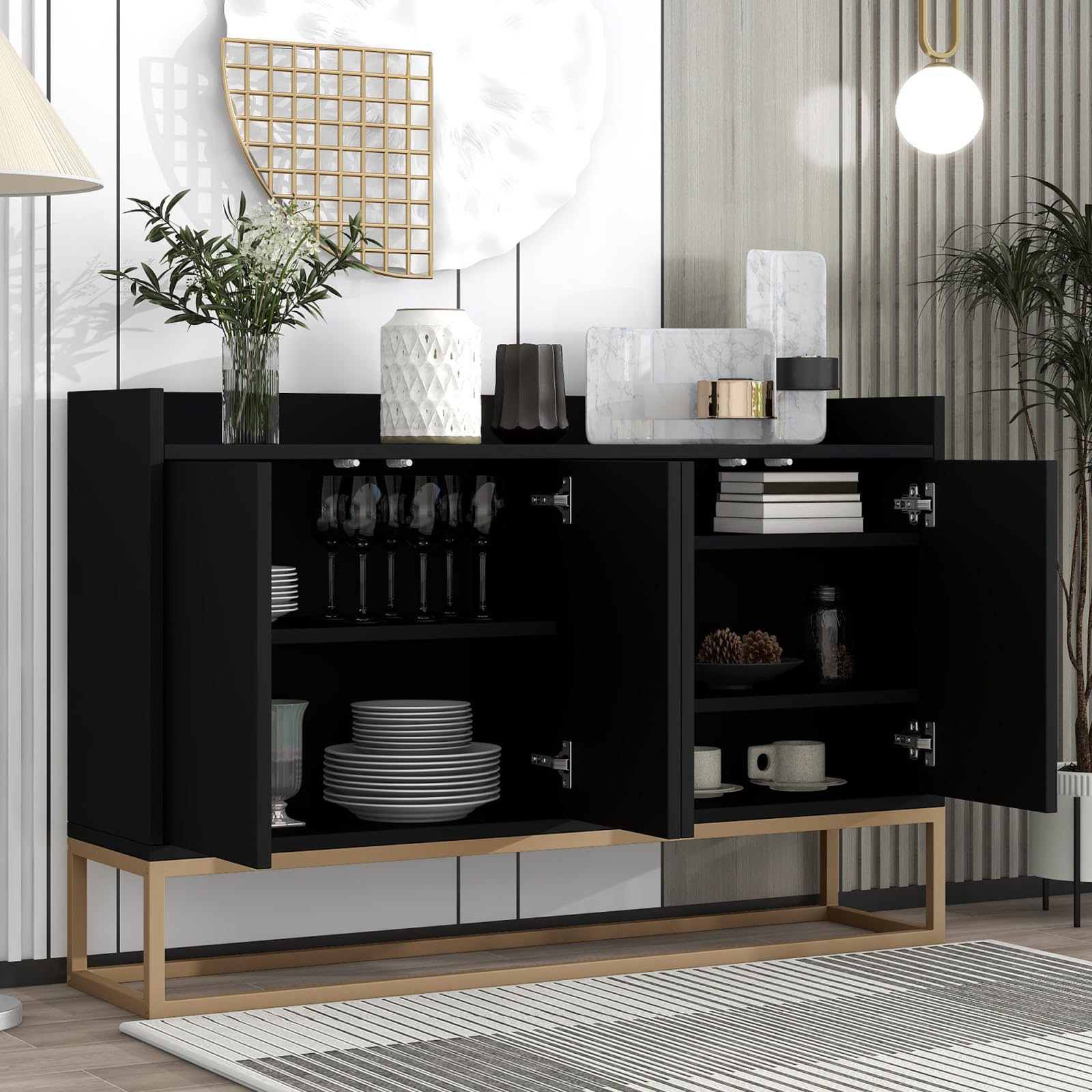FEEOHOME Credenza Bas, mobile portaoggetti con gambe in metallo, mobile da cucina con 4 ante e ripiani regolabili, armadio da cucina 120 x 30 x 80 cm, per sala da pranzo, soggiorno (nero)