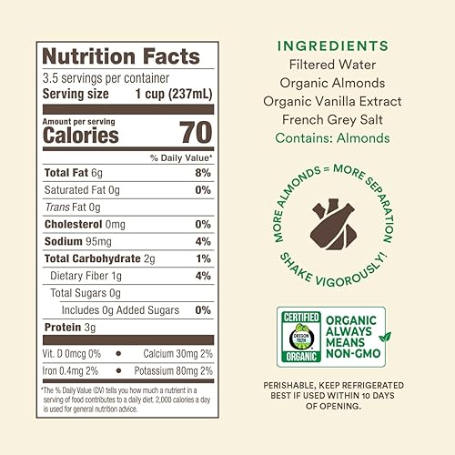 Miniatura 2 de Leche de almendras de vainilla | Orgánica | Sin azúcar | 0.37 oz de proteína por botella | 4 veces más almendras que una marca líder | Sin lácteos |