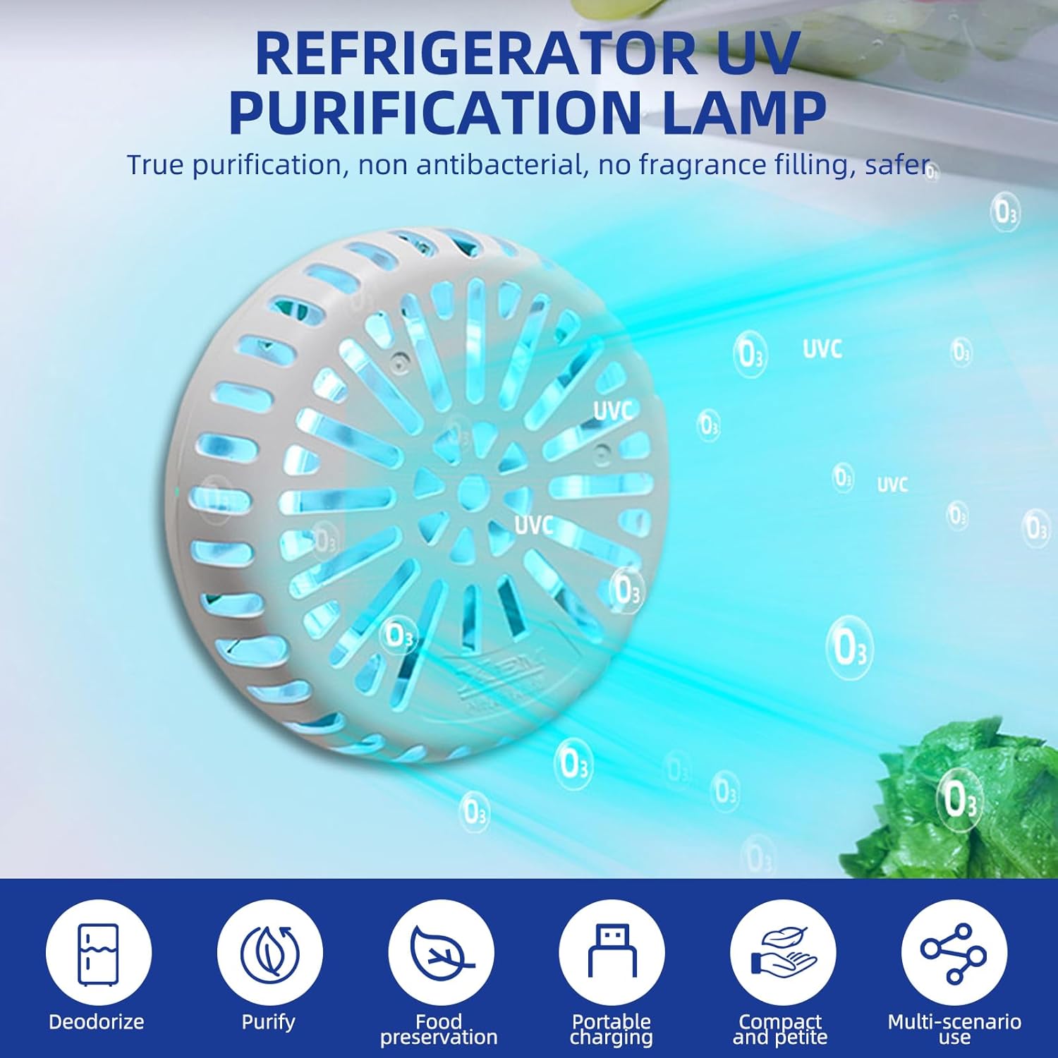 Rechargeable UV Lamp for Refrigerator, Portable UV Light Cleaner, Wall-Mounted UV Light for Home, Shoe Cabinets, Wardrobes, Office, Hotel, School
