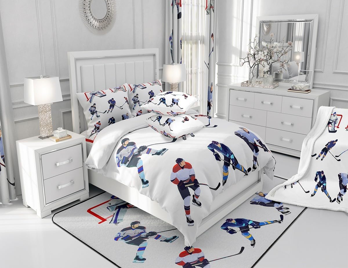Hockey Player Bedding Set Full Size,Cartoon Ice Rink Duvet Cover Set for Kids Girls Boys Teens Room Decor,Winter Sports Gaming Theme Comforter Cover White Cartoon Modern Quilt Cover,2 Pillowcases