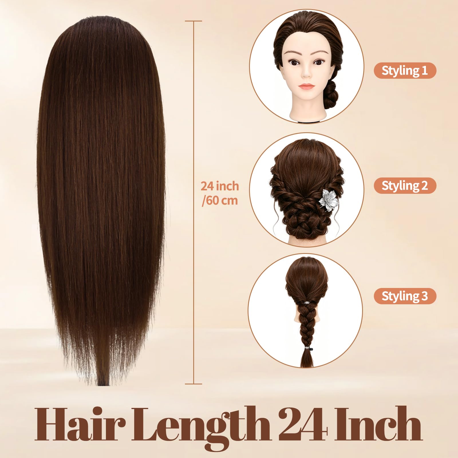 Yofuly 24Zoll 61cm Frisierkopf mit Ohrlöchern 80% Echthaar Übungskopf Friseur Mannequin Kopf mit Tischklemme DIY-Zopfset Braun