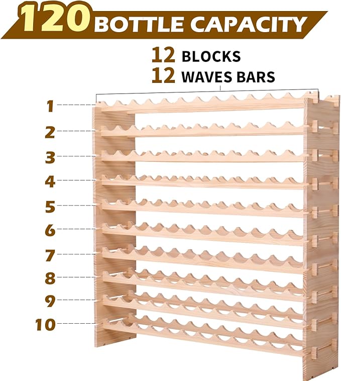 Estante para Vinos Modular Apilable de Madera, Capacidad 120 Botellas miniatura 5