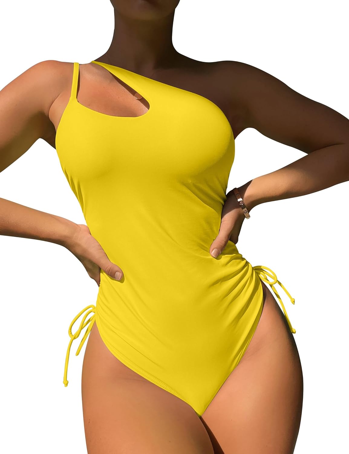 Eomenie Women's One Piece One Shoulder Swimsuit with Drawstring Tummy Control Bathing Suit Sexy High Cut Swim Suits