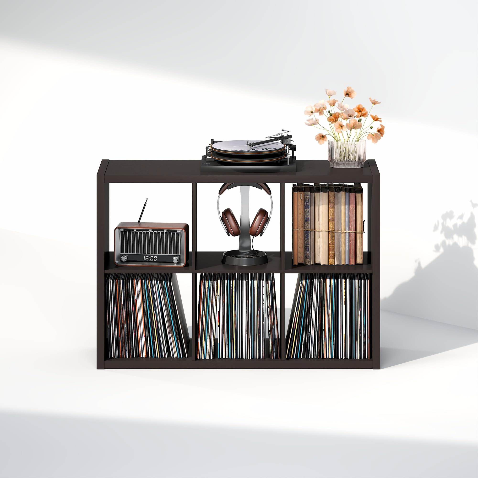 Furinno CUBICLE Mobile per Giradischi con Raccoglitore per Vinili, 6-Cube 1.2 Extra Spesso Raccoglitore per Dischi in Vinile, Scaffale Multimediale per CD DVD Dischi, Rovere Scuro Nero