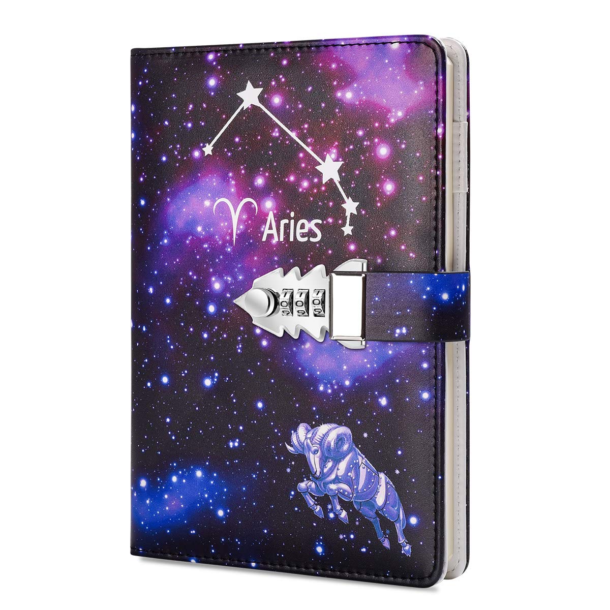 A5 Creative Password Journal with Lock, PU Leather Diary with Combination Lock Password Notebook Locking Journal Diary (Aries)