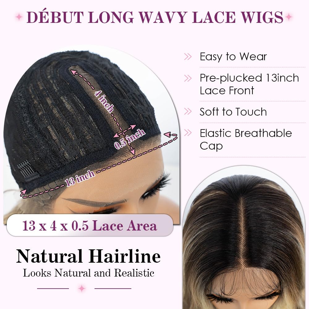 DÉBUT Skunk Stripe Highlight 613 Blonde Body Wave Long Wavy Lace Front Wigs 13x4 Middle Part Synthetic Lace Wig for Women Slight Pre Plucked Hairline with Baby Hair Ombre Blond 36 Inches