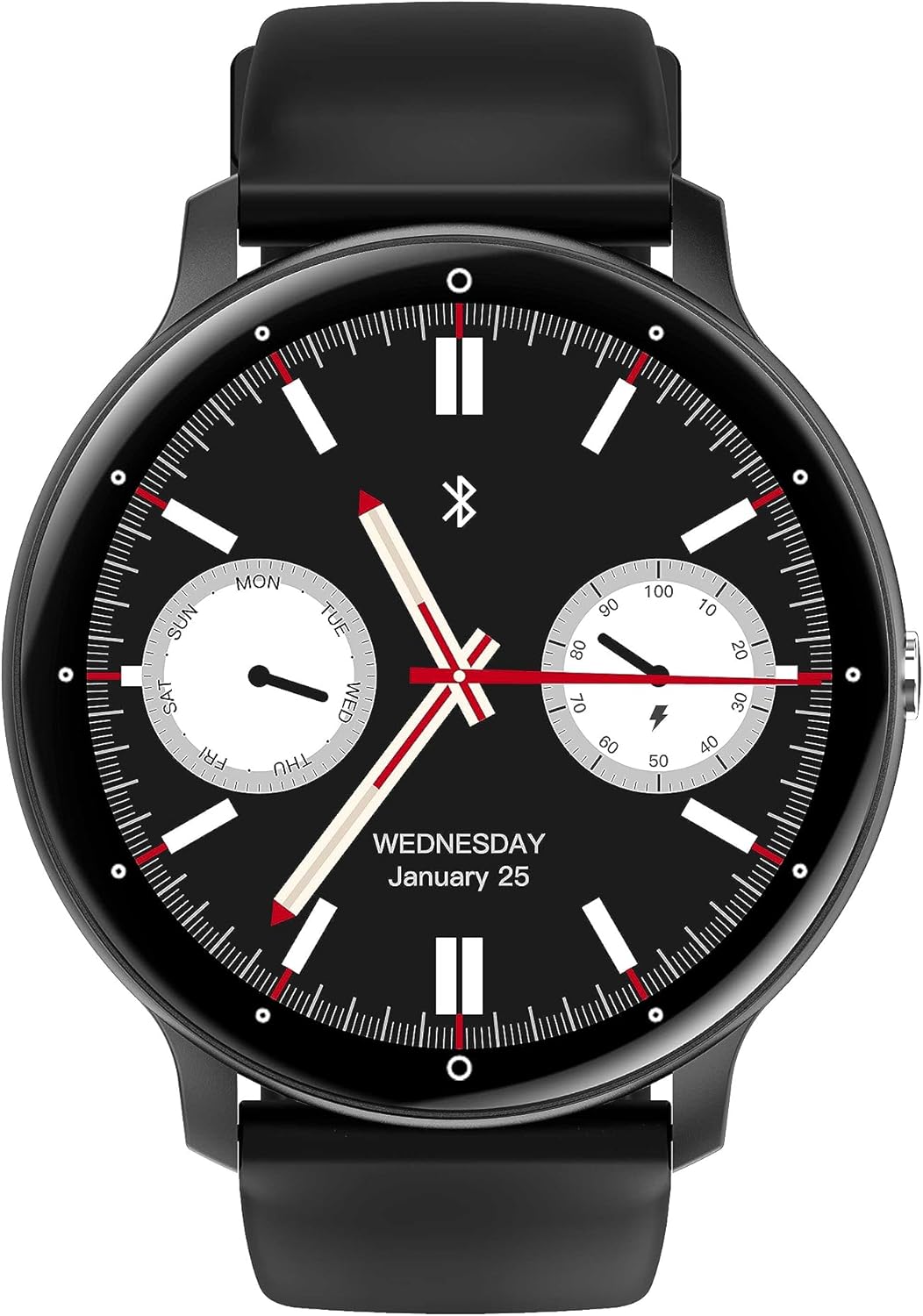 Close-up of DEVIA Smart Watch WT1 display showing time, date, and activity dials.