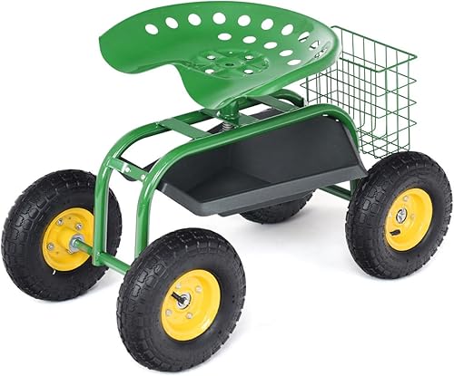 Giantex Asiento de trabajo de jardín rodante, asiento de trabajo de jardinería giratorio 360 con ruedas, cesta de herramientas, altura ajustable,