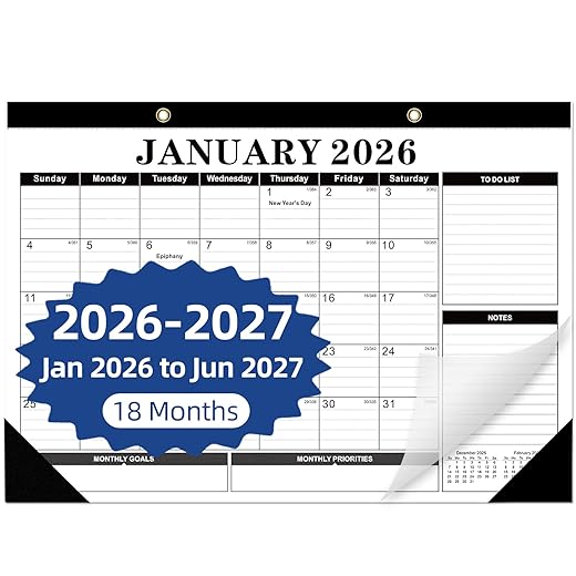 Tcamp 2026 Calendar, Desk Calendar 2026-2027 from January 2026 to June 2027, Big 17" x 12" Wall Calendar with Julian Dates, 18 Months Desk Planner for Home School Office Desktop, Christmas Gifts