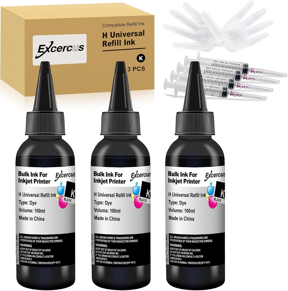 Ink Refill Kit for HP 67 67XL 65 65XL 60 61 62 63 63XL 910 910XL 950 951 952 952XL 962 962XL 932 933 923 Inkjet Printer Cartridges Refillable CIS CISS System (100ml, 3 Black)