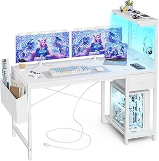 Grandder Gaming Tisch, 120x50 cm Gaming Schreibtisch mit Steckdose & LED-Beleuchtung, Computertisch mit reversiblen Regalen und Schublade, PC Tisch für Homeoffice mit Staufach, Blanc