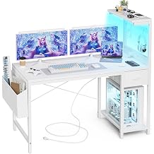 Grandder Gaming Desk 120 cm with Power Outlet and LED Light, Computer Desk with Reversible Shelves and Storage Drawer, Pc Small Desk for Home Office Table with Bag, Carbon Fiber White