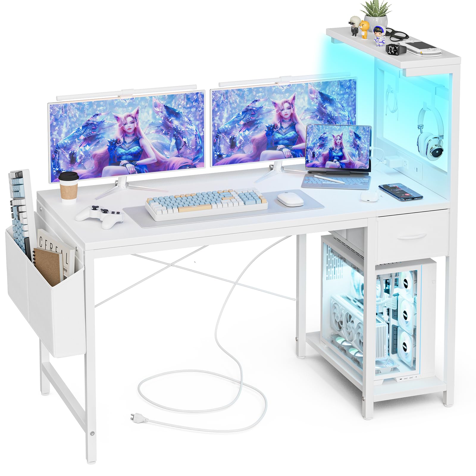 Grandder Escritorio Gaming 120x50 cm con Enchufe LED RGB Estantes Abatibles Cajón Organizador para PC Portátil Hogar/Oficina Incluye Bolso Fibra Carbono Negro