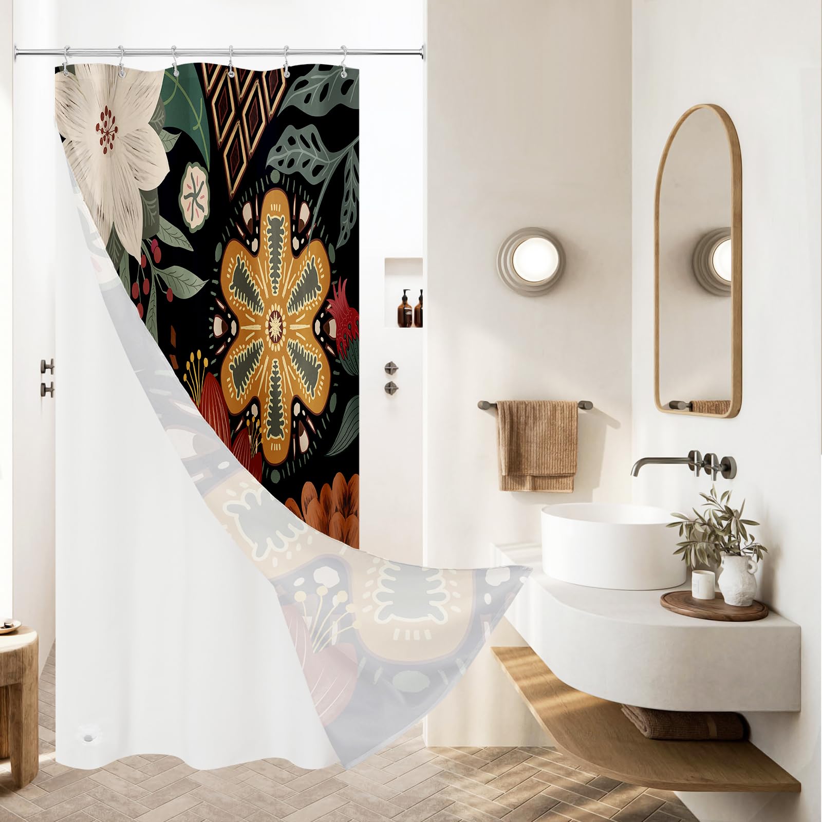3 in 1 Boho Floral Shower Curtain Set with PEVA Liner &amp; 12 Hooks, 36 x 72