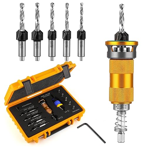 Miniatura 11 de Juego de brocas avellanadoras de metal 9 en 1 con tope de profundidad, 4 cabezales reversibles y piloto vertical ajustable, vástago hexagonal