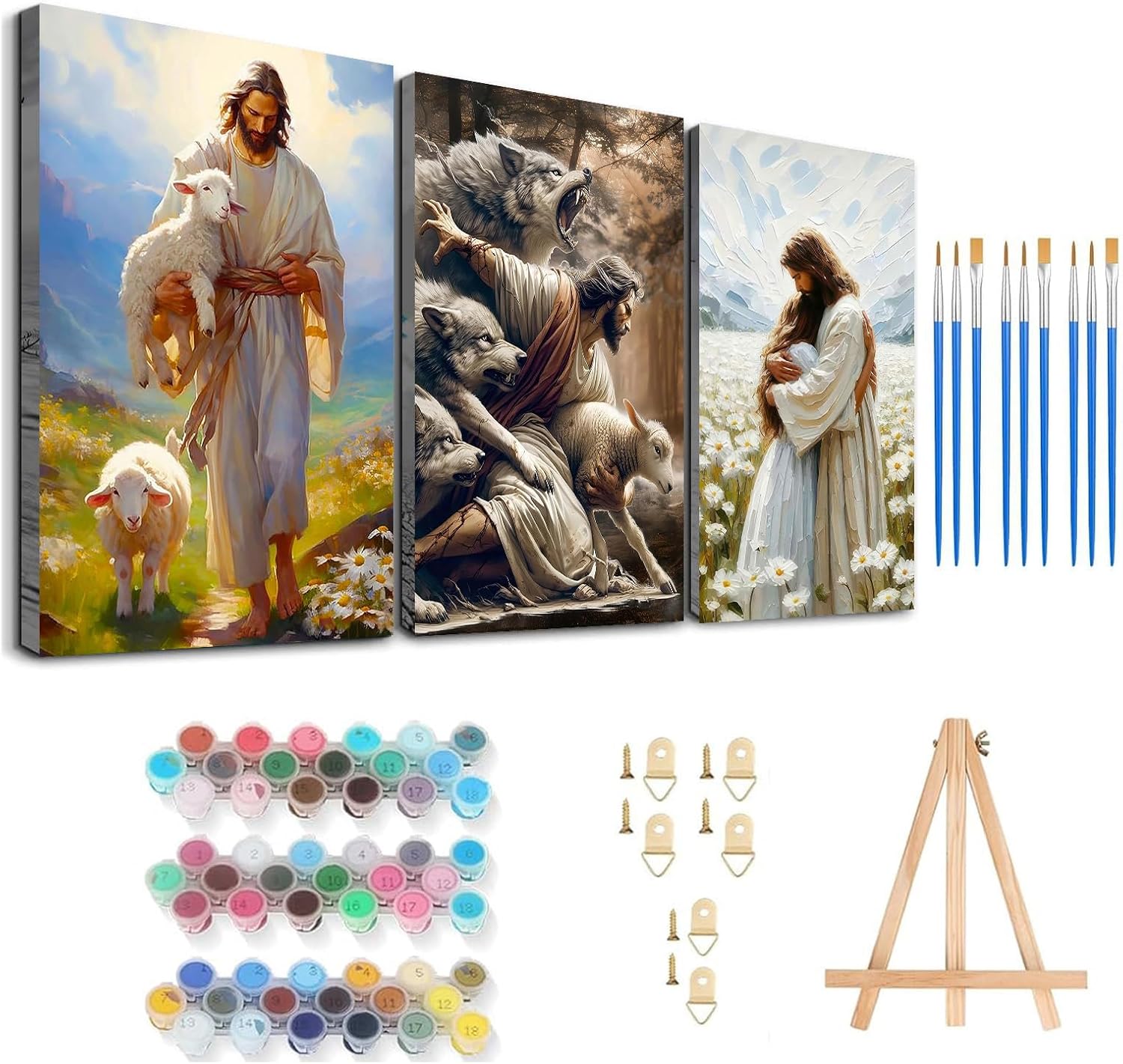 Axquilon 3 Packs Jesus Framed Paint by Numbers Kit for Adults - Christian Adult Paint by Number Kits with Easel, Easy Adults' Paint-by-Number Kits for Gift Home Wall Decor 8x10in