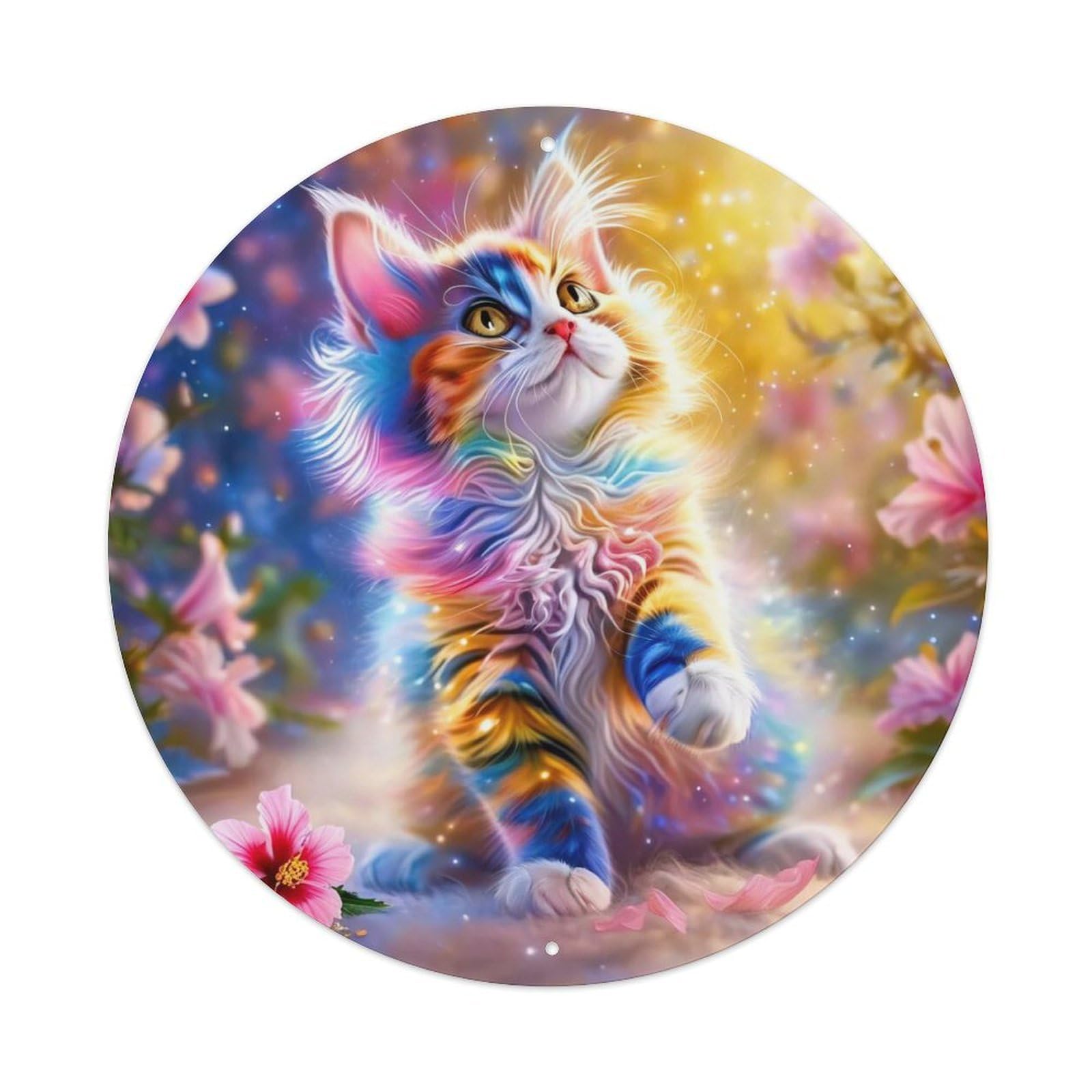 Animal Rainbow Cat Fantasy Hibiscus Magical Butterfly Whimsical Stardust Scene Vintage Metal Tin Sign Plaque Wall Decor for Cafe, Club Bar, Office, Garden Metal Poster 8x8Inch