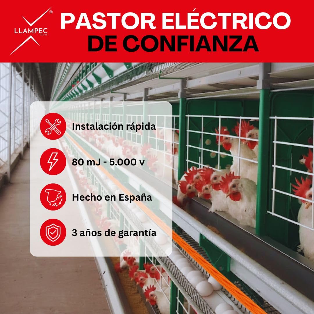 Llampec Pastor Eléctrico Avícola Antipicaje PASAVI016 – 80 mJ y 5.000 V – Evita el Picaje de Huevos en Jaulas Ponedores – 16 Salidas Independientes – Fabricado en España