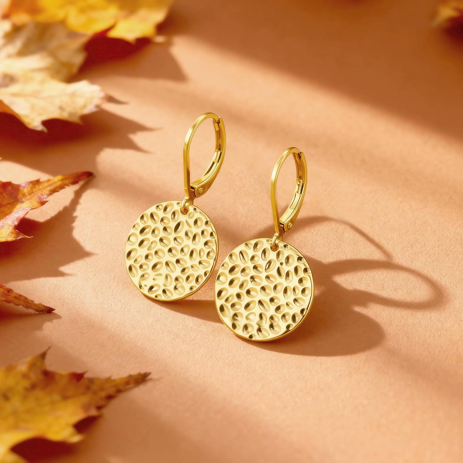 ALEXCRAFT 925 Sterling Silver Dangle Earrings for Women, 14K Gold Plated Geometric Flat Round Disc Hammered Coin Drop Earring Hypoallergenic Lightweight Leverback Earrings for Women Trendy Jewelry - Image 8