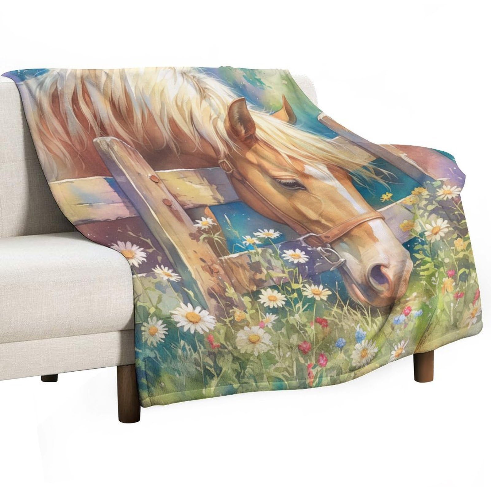 Couverture en flanelle motif cheval sauvage 101x127 cm plaid polaire lit