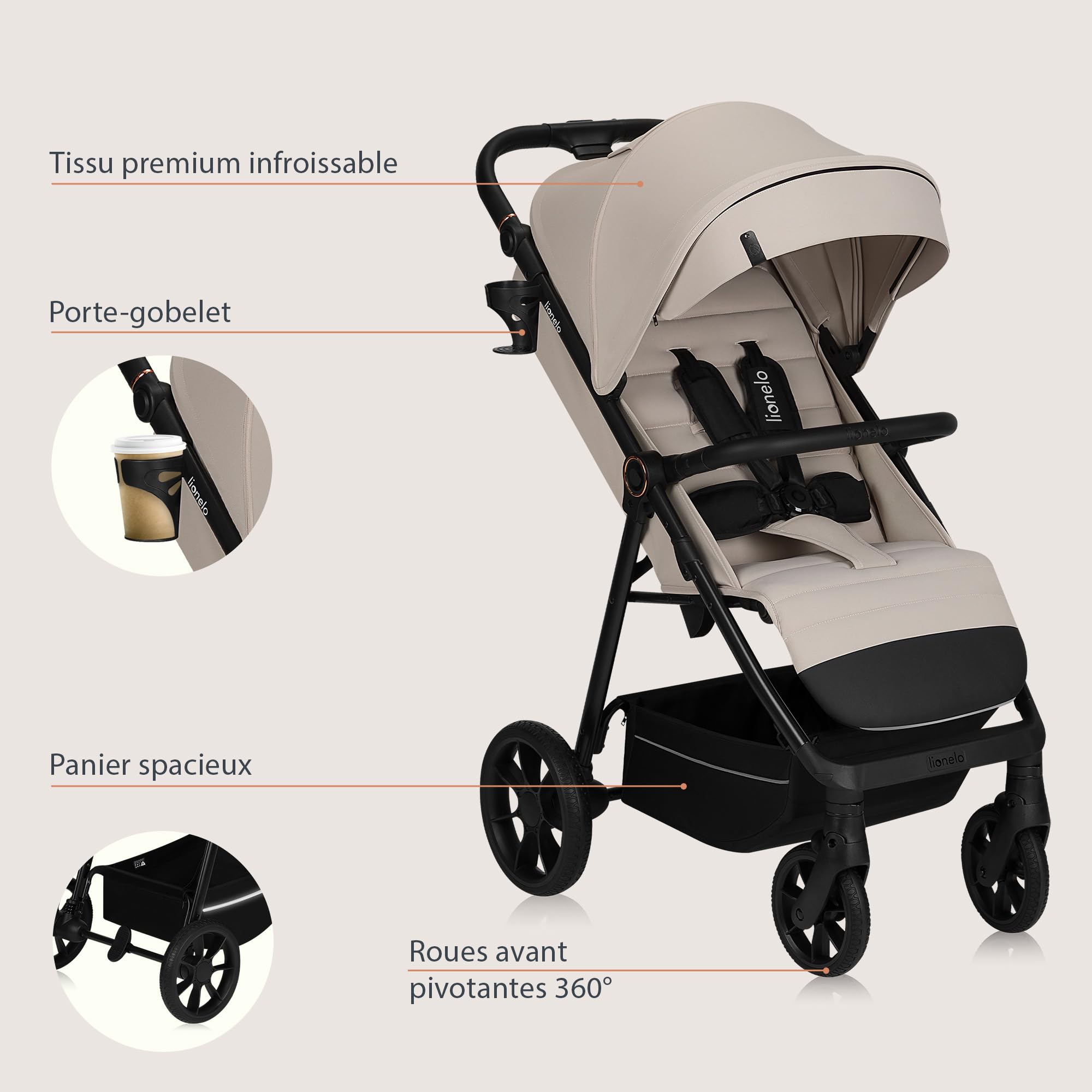 LIONELO IVA Poussette Canne Jusqu'à 22 kg de 6 m à 4 ans Roues Pivotantes à 360° Amortissement Total des Chocs Dossier et Auvent Réglables en Hauteur XXL UPF50+ Tissu de Qualité Supérieure (Beige)