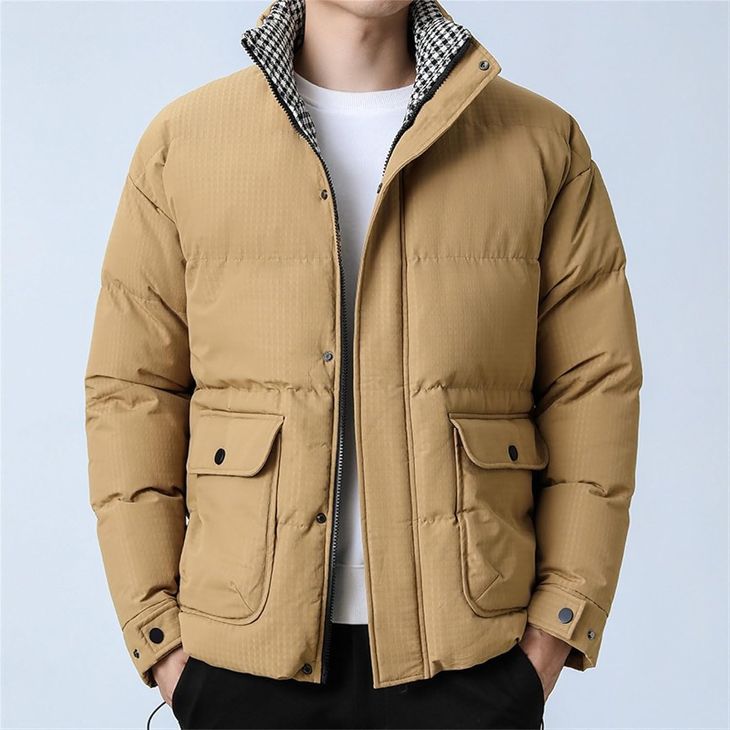 Mens Casual Winter Coats Stand Collar Full Zip Warm Down Jacket Windproof Padded Quilted Jacket Outwear with Pocket