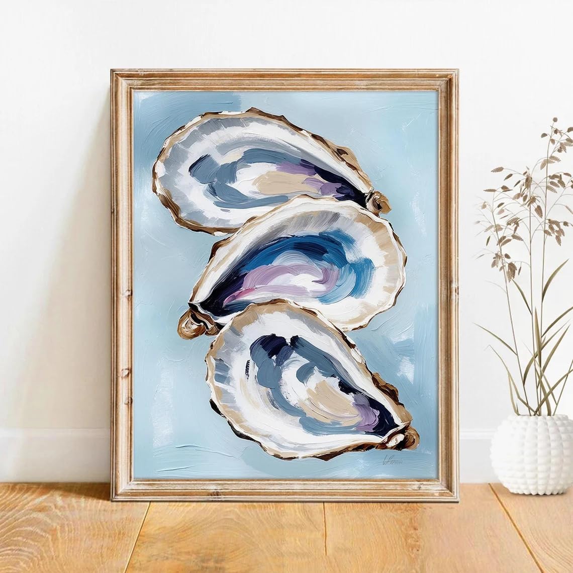 NATVVA Coastal Oysters Wall Art Poster Ocean Oyster Shells Prints Canvas Prints Painting Blue Nautical Sea Picture Artwork Bedroom Home Beach House Decor No Frame