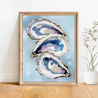 NATVVA Coastal Oysters Wall Art Poster Ocean Oyster Shells Prints Canvas Prints Painting Blue Nautical Sea Picture Artwork Bedroom Home Beach House Decor No Frame