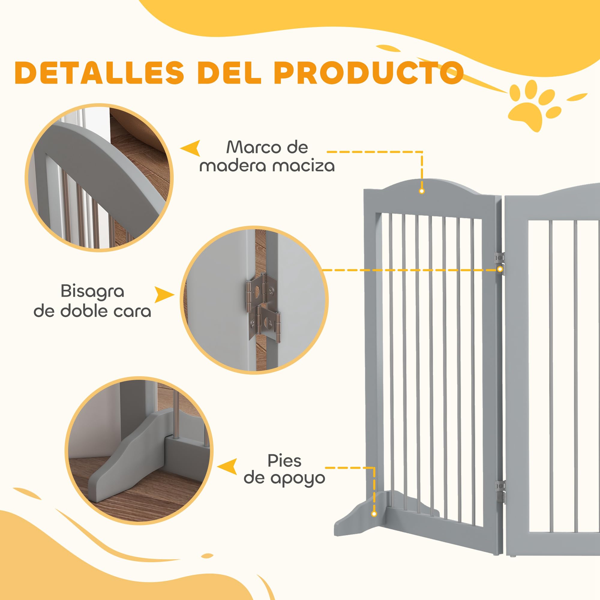 PawHut Barrera de Seguridad para Perros, Valla Plegable 154x30x80 cm Gris | para Escaleras y Puertas, Perros Pequeños y Medianos, 3 Paneles, con Soporte de Pie, para Interiores