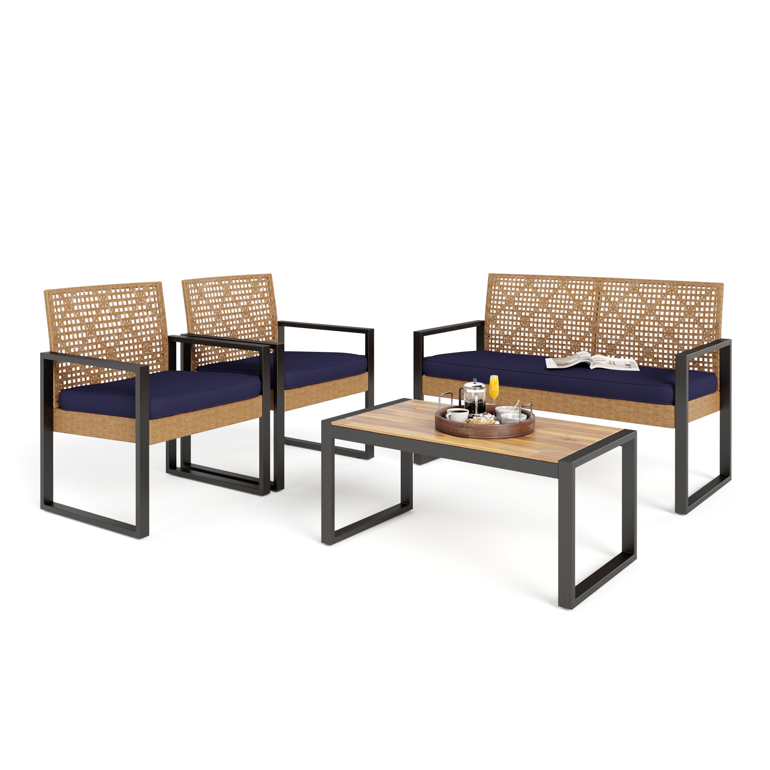 HERA'S HOUSE Patio Furniture Set, 4 Pieces Outdoor Wicker Furniture with Coffee Table, All Weather Rattan Outside Conversation Set for Lawn Deck